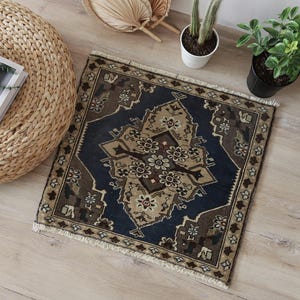 Handmade Small Wool Rug 2x2, Vintage Accent Rug, Handcrafted Mini Rug, Boho Decor, Turkish Oushak Rug, Blue Entryway Mat, Small Area Rug
