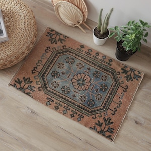 May include: A rectangular area rug featuring a central blue medallion with floral motifs, surrounded by a terracotta orange border with dark geometric patterns and stylized botanical elements, finished with a short fringe on the edges.