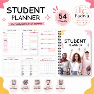 Peut inclure: Un planificateur étudiant de 54 pages avec une couverture à spirales montrant trois personnes et le texte STUDENT PLANNER. Inclut des modèles pour la planification des cours, les emplois du temps, les accès web et les aperçus mensuels.