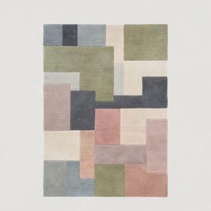 Alfombra moderna abstracta geométrica con mechones | Alfombra de área con patchwork en tonos pastel | Arte de piso con diseño de bloques multicolores | Alfombra suave de alta densidad de primera calidad