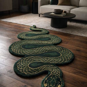 Luxury Emerald Green Serpent Tufted Rug | Handcrafted Cobra Shaped Area Carpet | Gold Scale Detail Statement Floor Art |  Snak Shaped Rug