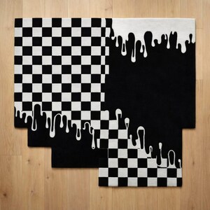 Hand Tufted Checkerboard Melt Rug, Black White Drip Pattern Carpet, Modern Abstract Statement Floor Rug