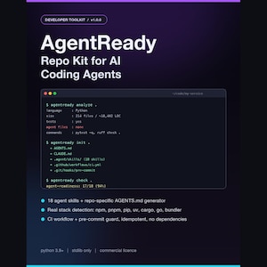 May include: A dark purple graphic featuring the text AgentReady Repo Kit for AI Coding Agents. A terminal window displays command line outputs for analyze, init, and check functions. Below are bullet points listing 18 agent skills, stack detection, and CI workflow features, with python 3.9+ and commercial licence text at the bottom.
