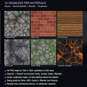May include: A digital product display titled TERRAINFORGE featuring 12 seamless PBR materials. The image shows six texture samples: cobblestone, brick wall, wood planks, rock cliff, moss stone, and volcanic cracked, with technical specifications.