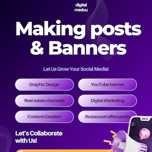 May include: Purple and white graphic design advertisement for social media services. Text includes "Making posts & Banners" and service categories like "Graphic Design" and "YouTube banner." A megaphone and phone graphic are in the lower right.