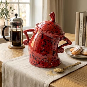 Puede incluir: Una tetera de cerámica roja con motas negras, un asa curva y una tapa con una pequeña boquilla. Una cafetera de prensa francesa y un plato de magdalenas también están sobre la mesa. Una cuchara dorada contiene azúcar.