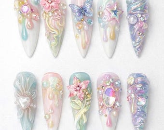 3D Press On Nails, Fairycore Butterfly Flower Chrome, Long Stiletto Glam Nail Art