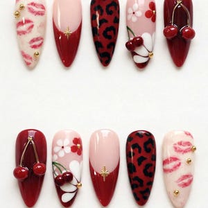 Red Cherry Leopard French Tip Press On Nails, 3D Kiss Lip Floral Art image 1