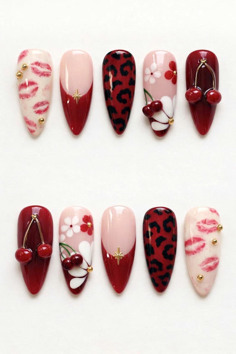 Red Cherry Leopard French Tip Press On Nails, 3D Kiss Lip Floral Art image 1