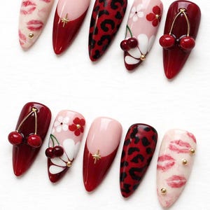 Red Cherry Leopard French Tip Press On Nails, 3D Kiss Lip Floral Art image 3