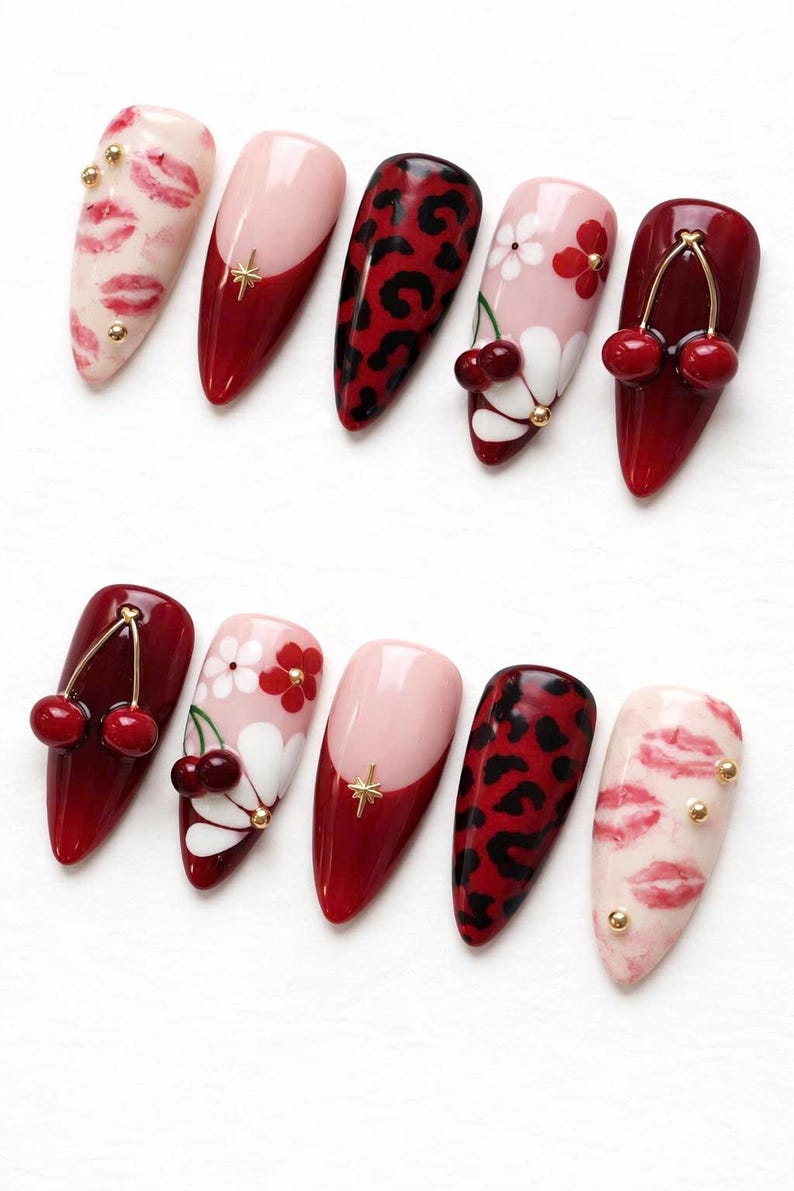 Red Cherry Leopard French Tip Press On Nails, 3D Kiss Lip Floral Art image 3