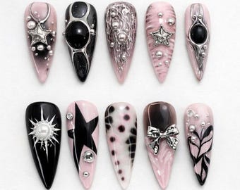 Black Pink Gothic Press On Nails, 3D Chrome Star Pearl Art, Y2K Stiletto Set