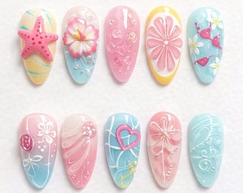 Pastel Beach Press On Nails, 3D Starfish Summer Ocean Almond Nails
