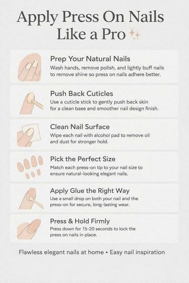 May include: A guide titled "Apply Press On Nails Like a Pro" with illustrated steps. Instructions include prepping nails, pushing back cuticles, cleaning the nail surface, picking the right size, applying glue, and pressing firmly.