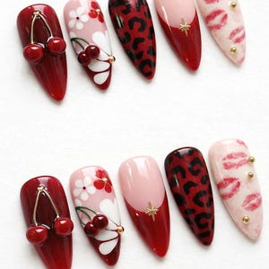 Red Cherry Leopard French Tip Press On Nails, 3D Kiss Lip Floral Art image 2