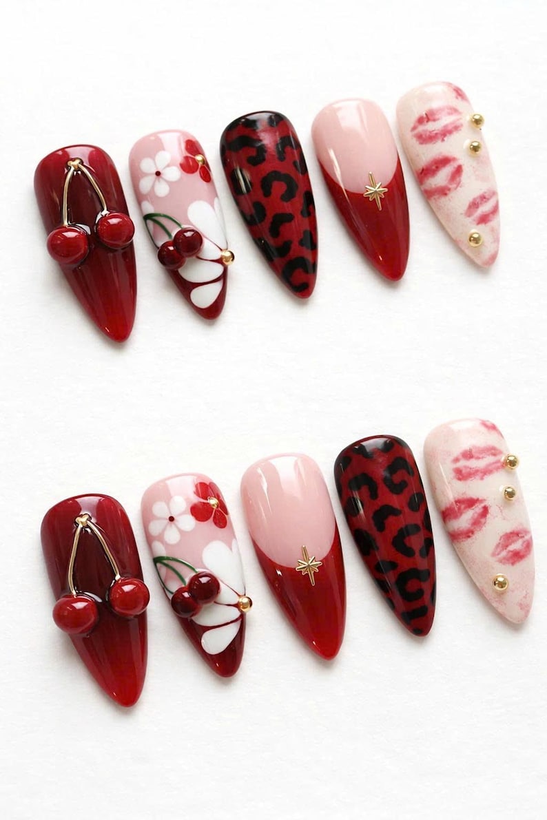 Red Cherry Leopard French Tip Press On Nails, 3D Kiss Lip Floral Art image 2