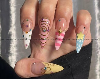 Kawaii Candy Press On Nails, Pastel Swirl 3D Star Gel Set