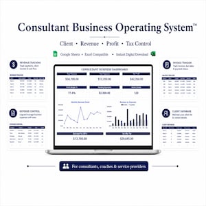 Può includere: Una dashboard digitale Consultant Business Operating System visualizzata sullo schermo di un portatile. L'interfaccia include moduli per il monitoraggio dei ricavi, il controllo delle spese, la fatturazione e un database clienti con grafici.