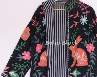 Rabbit/Floral Embroidery Black Cotton TNT Suzani Jacket, Boho Indian Women Artisan Suzani Coat