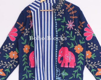 Handmade Pink Elephant Embroidered TNT Jacket, For Women's Gift For Her