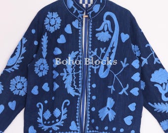 Floral Embroidery Blue Cotton TNT Suzani Jacket, Boho Open Front Festival Women Suzani Coat