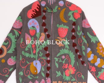 Floral Embroidery Grey Cotton TNT Suzani Jacket, Vintage Style Women Suzani Coat For Her