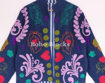 Blue Cotton Suzani Jacket, Paisley Heart Embroidery, Boho Festival Cardigan