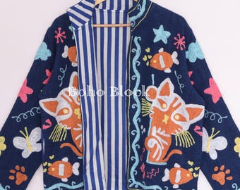 Handmade Cat Embroidery TNT Jacket, Boho Women's Coat Gift For Her