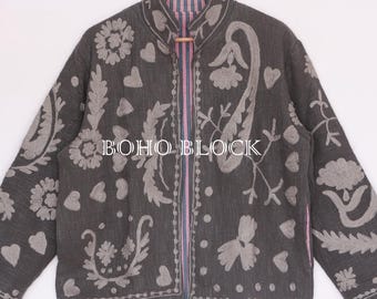 Paisley/Heart Embroidery Grey Cotton TNT Suzani Jacket, Boho Winter Wear Women Suzani Coat