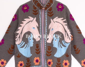 Horse Embroidery Grey Cotton TNT Suzani Jacket, Open Front Boho Festival Look Women Suzani Coat