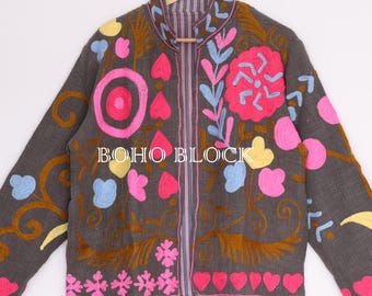 Heart/Floral Embroidery Grey Cotton TNT Suzani Jacket, Bohemian Festival Look Women Suzani Coat