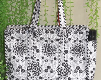 Handmade Quilted Tote Bag, Floral Block Print Cotton Handbag, Boho Travel Shoulder Bags.
