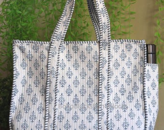 Quilted Cotton Tote Bag, Floral Block Print Shopping Bag(Side Pocket), Women's Handbag.