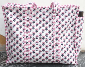 Pink Floral Quilted Tote Bags, Block Print Shopping Bag, Women's Cotton Handbags.