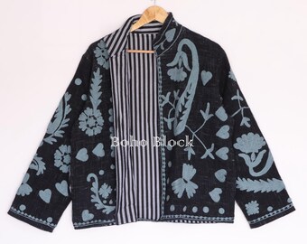 Floral/Heart Embroidery Black Suzani TNT Jacket, Beach Wear Coat All Season Jackets For Women's