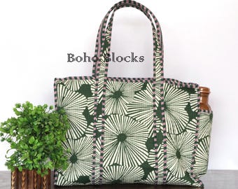 Hand-Block Print Quilted Cotton Tote Bag, Floral Design, External Bottle Pocket