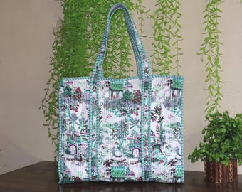 Handmade Quilted Tote Bag, Floral Print Cotton Handbag, Boho Travel Shoulder Bags.