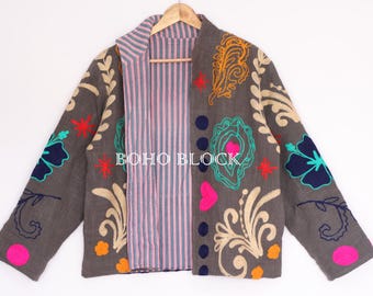 Paisley/Heart Embroidery Grey Cotton TNT Suzani Jacket, Handmade Indian Women Suzani Coat