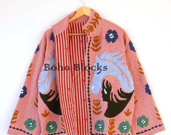 Boho Embroidered Horse Jacket Quilted Artisan Coat Western Applique Cotton Jackets One Size/Large