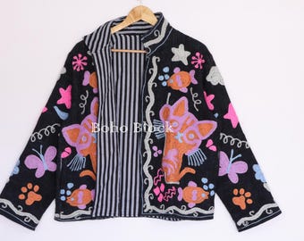 Cat/Butterfly Embroidery Black Cotton TNT Suzani Jacket, Boho Open Front Women Suzani Coat