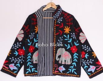 Elephant Embroidery Black Cotton TNT Suzani Jacket, Unique Boho Open Front Women Suzani Coat