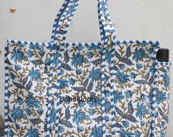 Blue Floral Quilted Tote Bag, Handmade Cotton Shoulder Bag With Bottle Pocket, Boho Handbag.