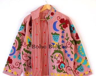 Heart Embroidered Suzani Cotton Boho Jacket, Whimsical Cottage core Statement Woman Jackets