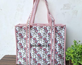 Floral Quilted Cotton Tote Bag, Handmade Block Print Shoulder Bag, Women's Shopping Handbag.