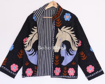 Horse/Floral Embroidery Black Cotton TNT Suzani Jacket, Beach Winter Wear Women Suzani Coat