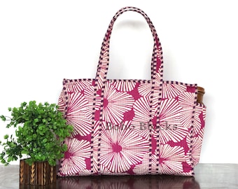 Pink Green Floral Quilted Cotton Tote – Jaipur Hand-Block Printed Boho Shoulder Bag