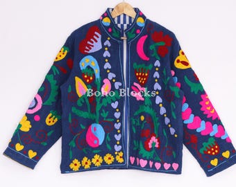 Floral Embroidery Blue Cotton TNT Suzani Jacket, Boho Vintage Artisan Women Suzani Coat For Her