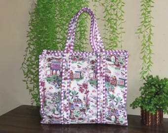 Floral Block Print Shopping Tote Bag, Women's Travel Handbag, Quilted Cotton Bag