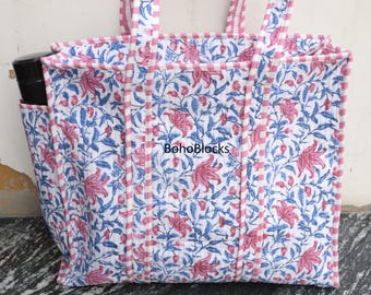 Indian Block Print Shoulder Bag, Cotton Large Handbag, Handmade Quilted Tote Bag With Pocket