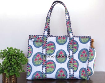 Indian Handmade Block Print Quilted Cotton Tote Bag, Large Handbag, Shoulder Bag